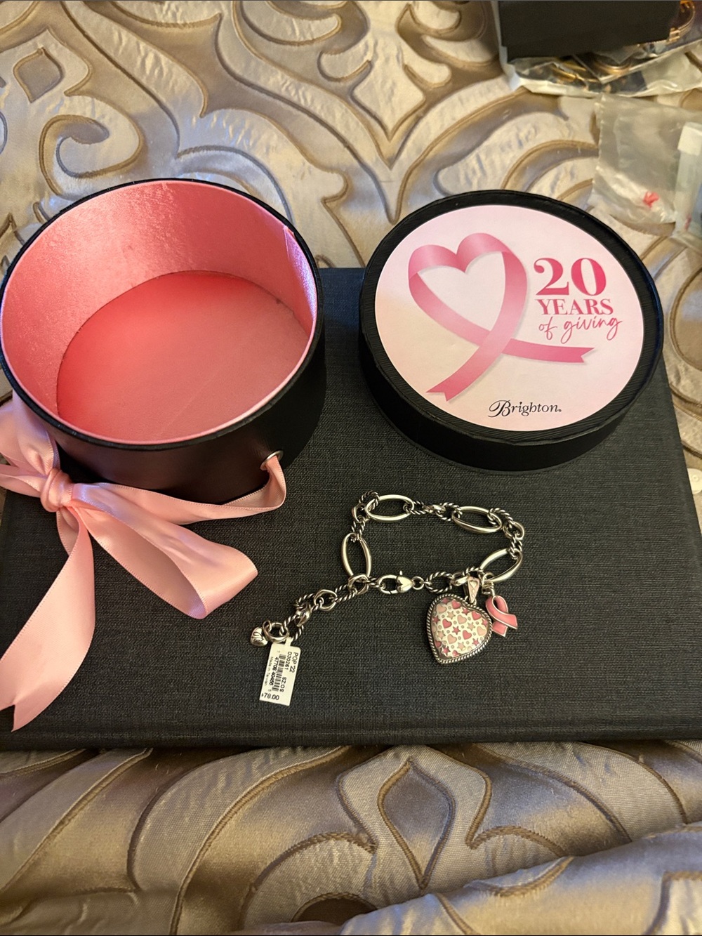 Brighton Silver-Tone Charm Bracelet with Pink Heart and Pink Ribbon Charms NWT